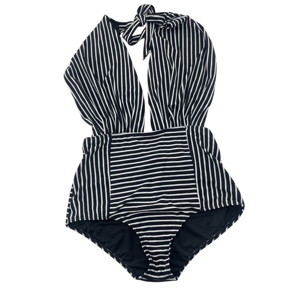 COCOSHIP Black White Striped Balancing Act Vintage Backless Bather Swimsuit 3X - Picture 2 of 14